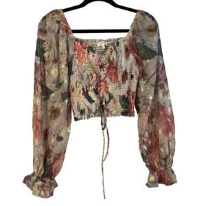 A. Peach Boutique Tie Smocked Body Cropped Blouse Semi-Sheer Long-Sleeves